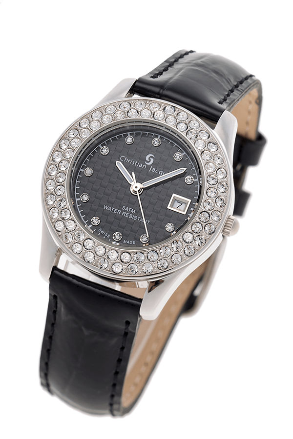 Montre femme bracelet cuir chronographe et date avec lunette sertie cristaux Swarovski