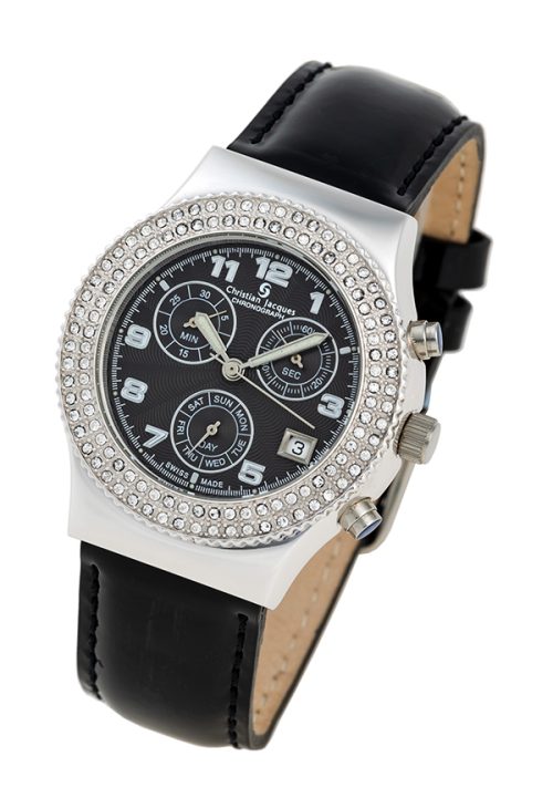 montre femme luxe avec fonction chronographe, jour et date et lunette sertie cristaux