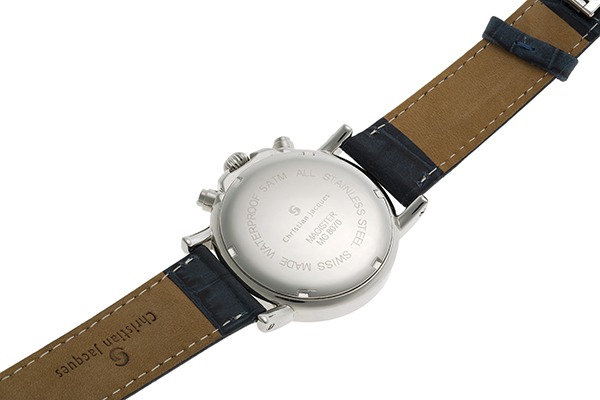 Bracelet montre homme de luxe en acier et cuir avec fonction chronographe et guichet date